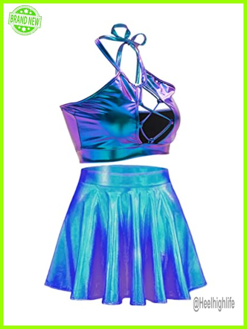 Metallic PU 2 Piece Halter Top Mini Skirt Set Rave Festival Cosplay Party Outfit